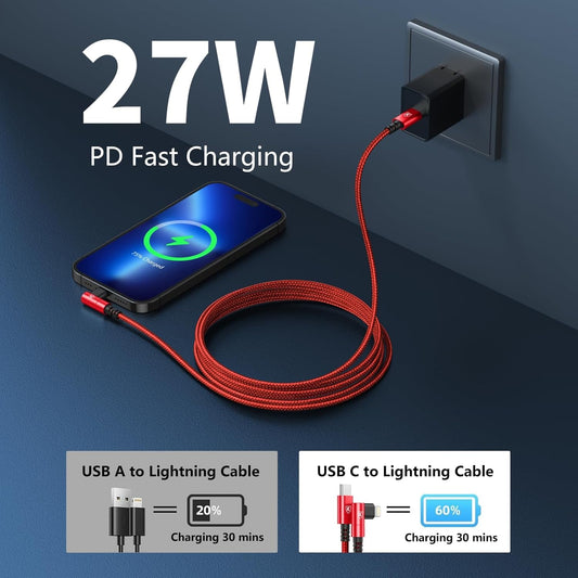 USB C to Lightning Cable 6FT, 90 Degree iPhone Charger Cables [Apple MFi Certified] 3Pack Fast Charging Cord Nylon Braided USB C Lightning Cable Compatible with iPhone 14/13/12/11/Pro Max/Plus/8/7-Red