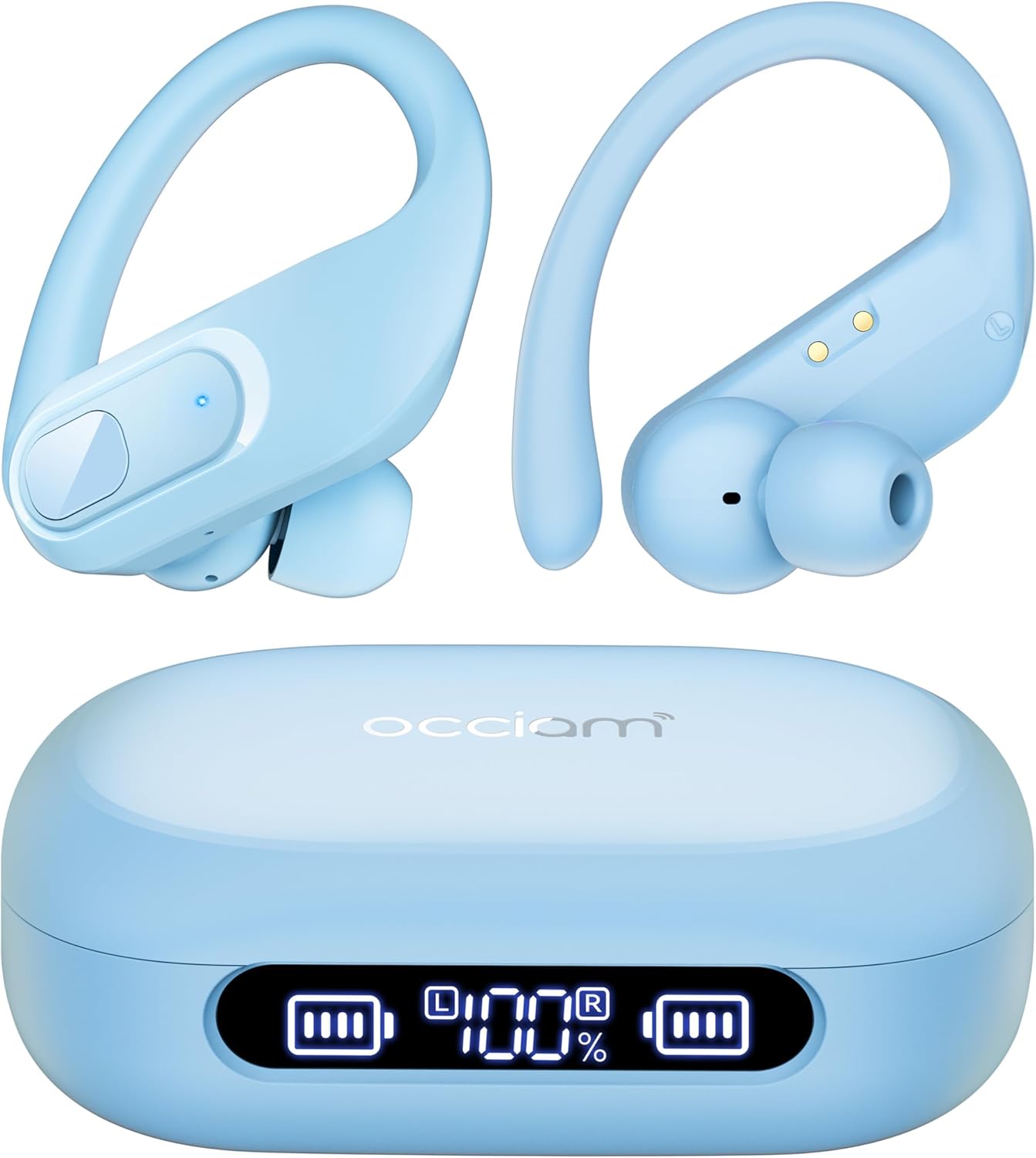 occiam Wireless Earbuds Bluetooth Headphones Ear Buds 96Hrs Playback Sport Over-Ear Waterproof Wireless Headphones Earphones with Earhooks ENC Mics Clear Call for Sport Running Workout Sky Blue