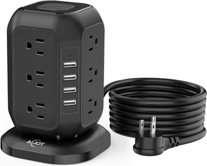 AiJoy Power Strip Tower 16.4 ft Cord, Surge Protector with 12 AC Outlet and 4 USB Ports, Charging Station Extension Cord with Multiple Outlets for Home, Office, Dorm Room Essentials black-15FT