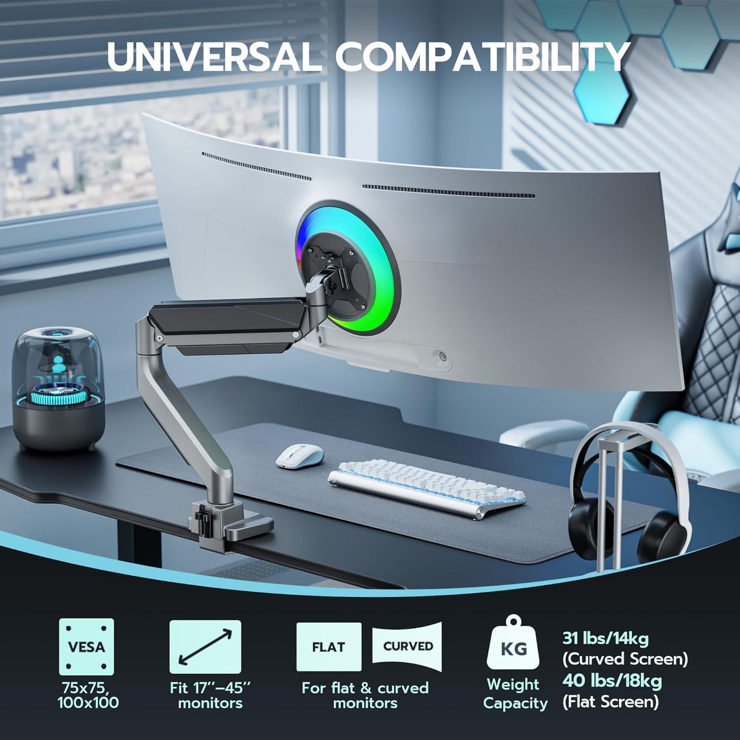 ARES WING Ultrawide Single Monitor Arm, Heavy Duty Monitor Mount for 13"-45" Curved Screens, Adjustable Stand for Desk with C-clamp & Grommet Base up to 40 LBS, Gray