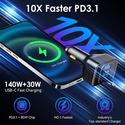 170W PD3.1 Car Charger with LED Voltage Display, USB-C Cigarette Lighter Adapter Fast Charging (140W+30W) for iPhone 16 Pro Max/Samsung S25 Ultra/MacBook/Drones/Laptops, 12V-24V Vehicle