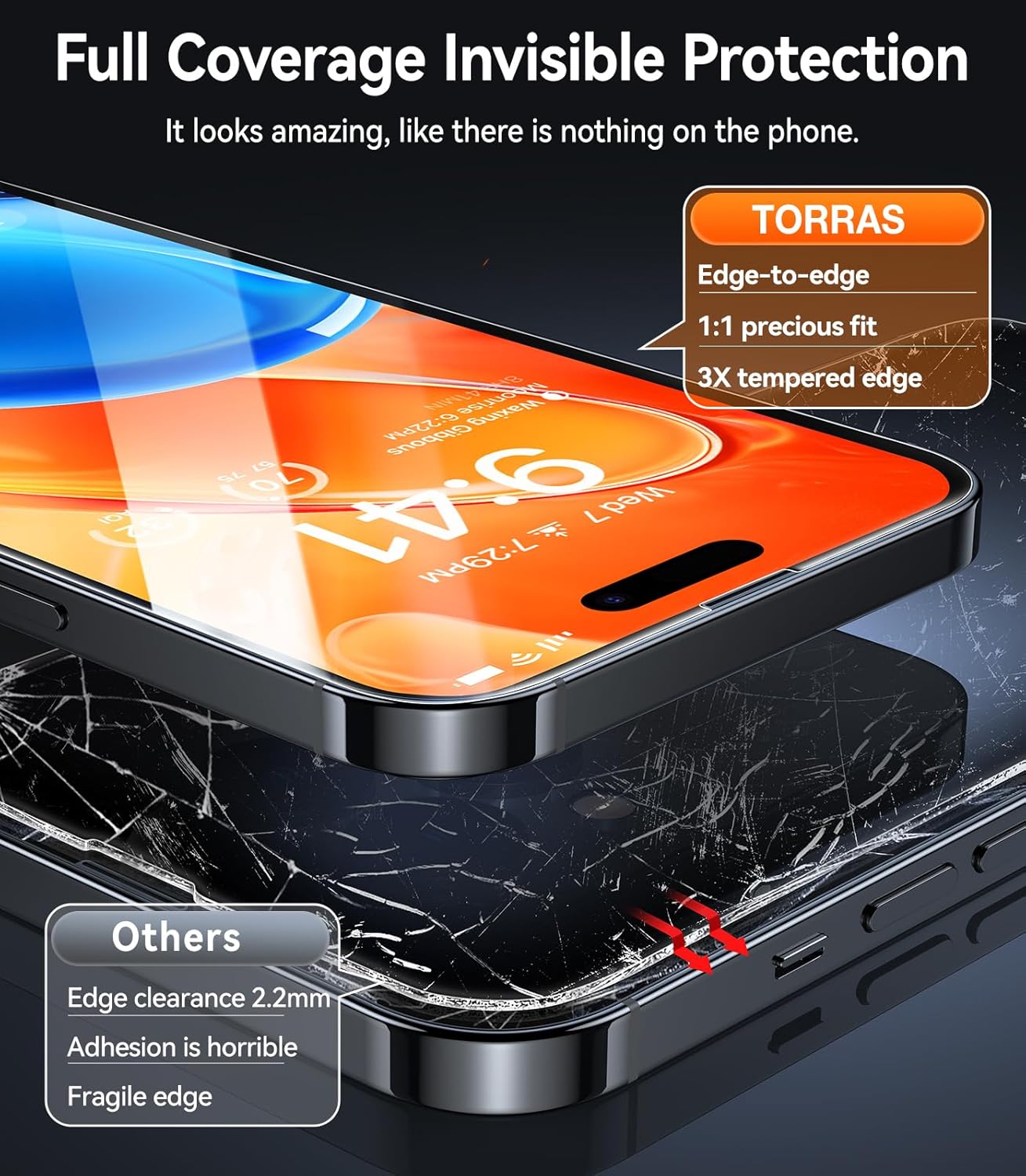 TORRAS Top-Notch Military-Grade Shatterproof for iPhone 15 Screen Protector [Most durable 9H+ Glass,Unbreakable from 12-foot Drop] for iPhone 14Pro&iPhone 15, Diamond Shield 2 Packs