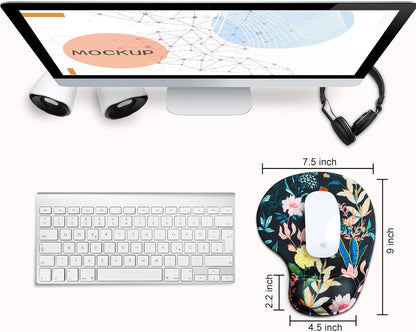 JIKIOU Mouse Pad, 2 Pack Ergonomic Mouse Pads with Comfortable Gel Wrist Rest Support and Smooth Cloth, Non-Slip PU Base for Easy Typing Pain Relief Durable and Easy to Clean Small Black Flowers