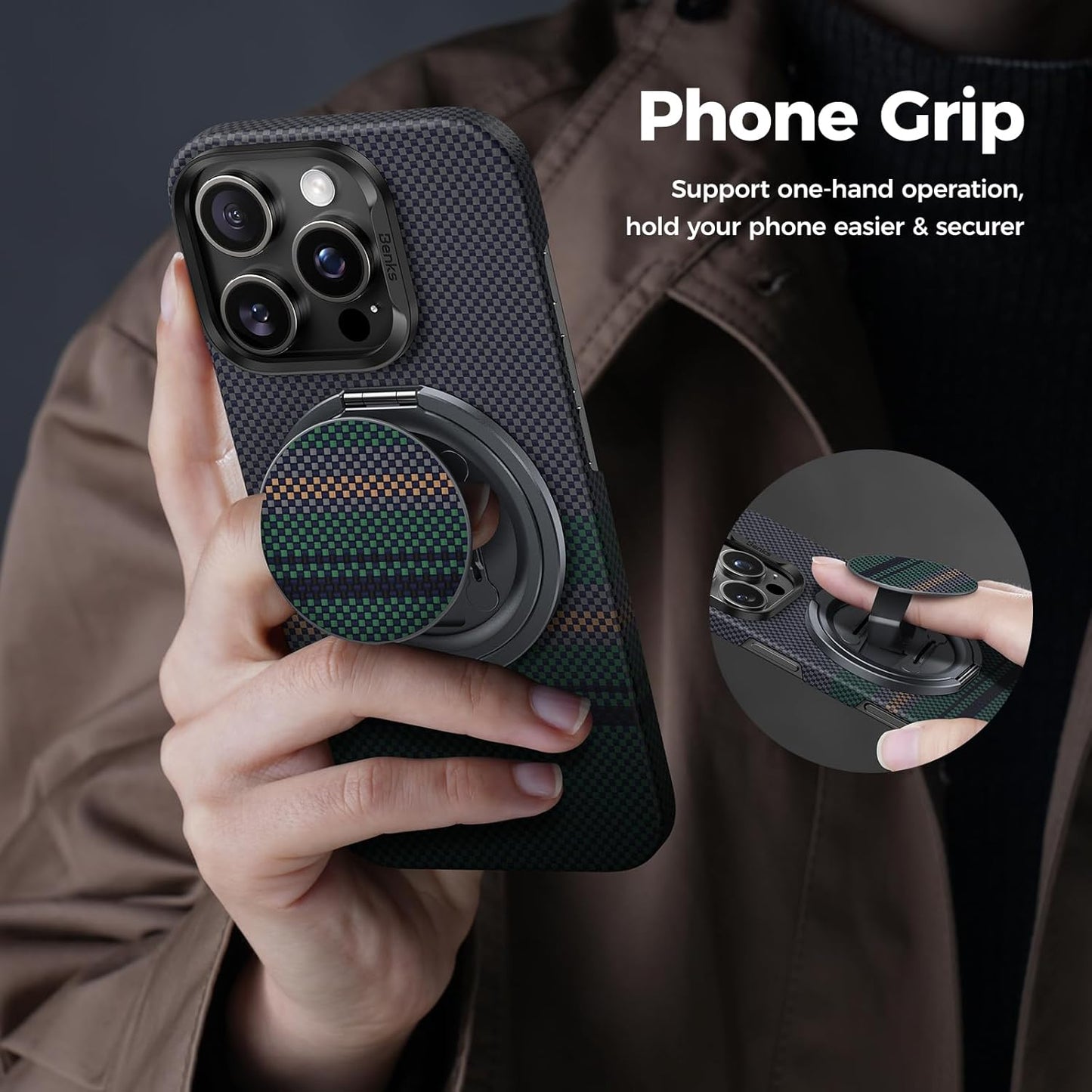 BENKS ArmorPop Magnetic Phone Grip & Stand for MagSafe, 360° Rotation Adjustable Phone Ring Holder for iPhone 17/16/15/14/13/12 Series, Durable Kevlar Design