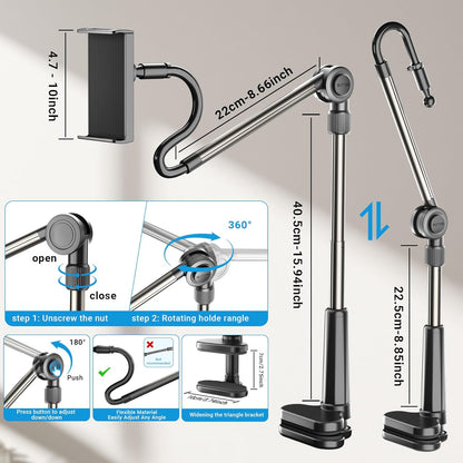 Desk Tablet Holder for iPad Pro, No Stiff Easy Adjust Arm Phone and Tablet Stand for Bed, Ereader Accessories Compatible with Kindle iPhone, iPad Pro/Mini/Air, Smartphones
