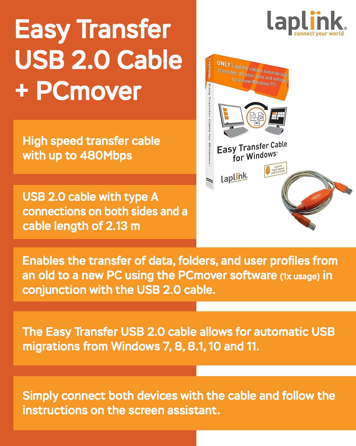 LAPLINK Easy Transfer Cable for Windows, Includes PCmover Express Software and USB 2.0 PC to PC Cable, Single Use License, Transfers Files, Settings, and User Profiles. Compatible with Windows 11