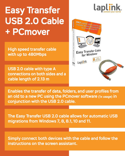 LAPLINK Easy Transfer Cable for Windows, Includes PCmover Express Software and USB 2.0 PC to PC Cable, Single Use License, Transfers Files, Settings, and User Profiles. Compatible with Windows 11