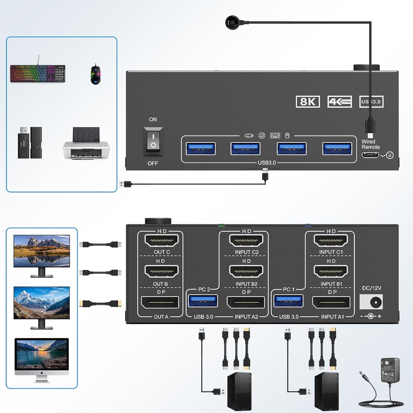 KVM Switch 3 Monitors 2 Computers 8K@60Hz/4K@144Hz, HDMI Displayport KVM Switches for 2 PC Sharing Triple Monitor and Keyboard Mouse with Power Adapter, Wired Extend Controller and USB3.0 Cables