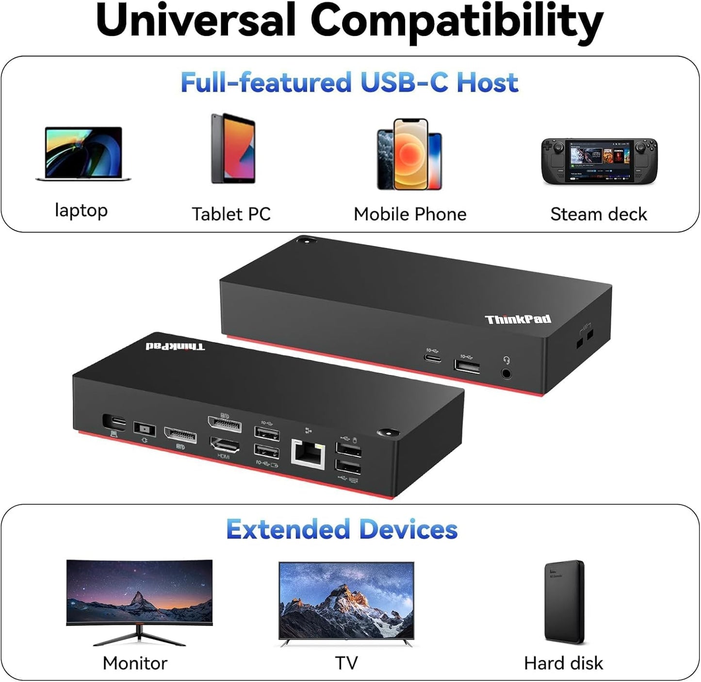 Thinkpad 40AY0090 Universal Hybrid USB-C with USB-A Docking Station for Lenovo Laptop, 3 External Displays, Comes with ITSPWR HDMI 4K Cable + DP Cable+ Cleaning Cloth