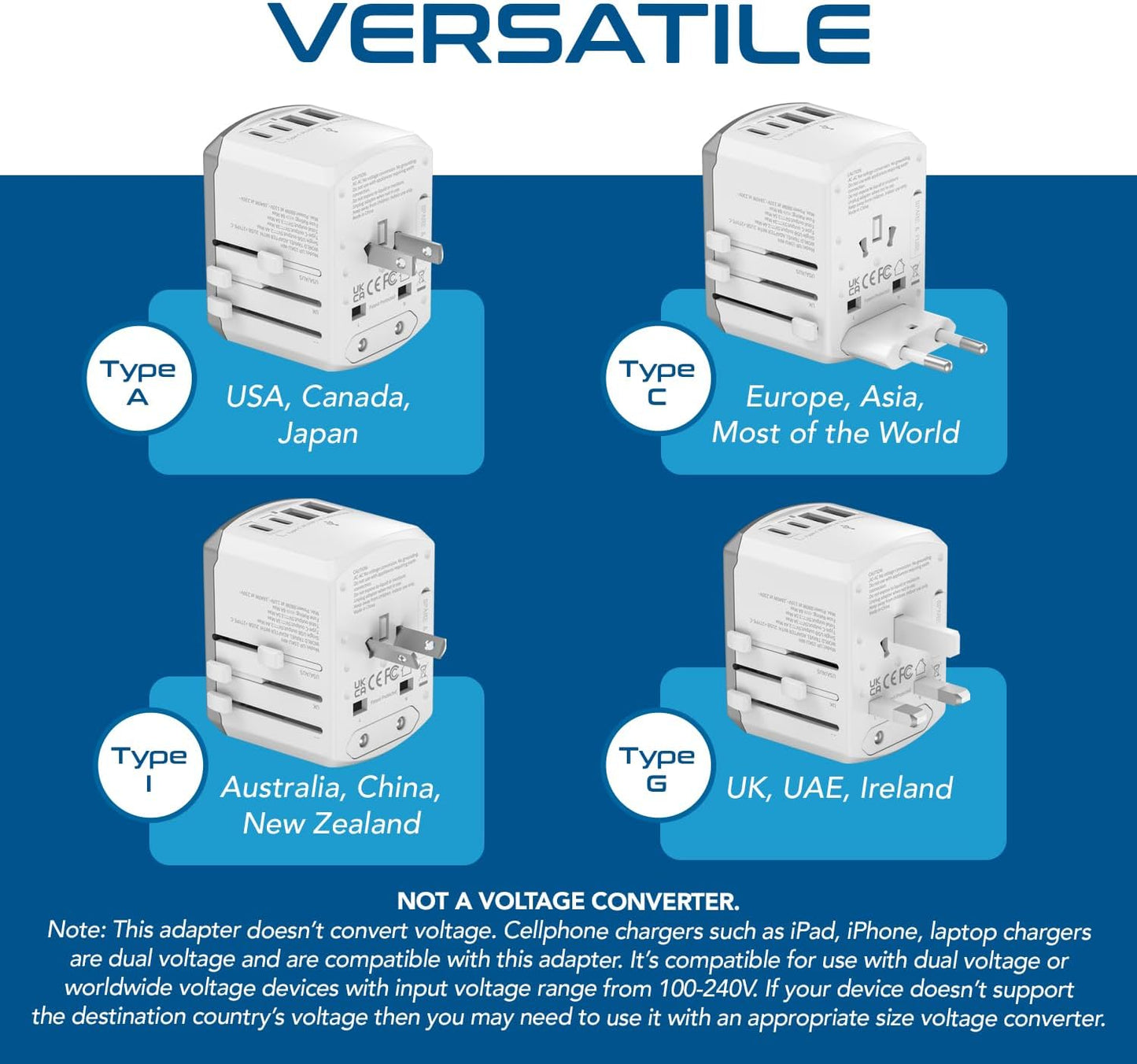Ceptics Universal Travel Adapter 17.5W, 5 in 1 Universal Laptop Charger with 2X USB-A & USB-C 3.5A for Mobiles, Laptops, Cameras US, UK, EU, AU, All in 1 Type A, C, G, I Output, White