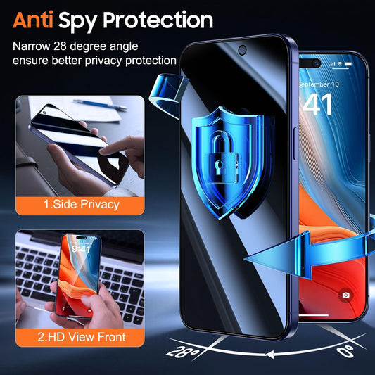 UniqueMe for iPhone 16 / iPhone 15 Privacy Screen Protector - [Military Grade Shatterproof & 9H+ Hardness] Screen Protector 16/15 Tempered Glass Full Coverage Protection, Easy to install, 2 Packs