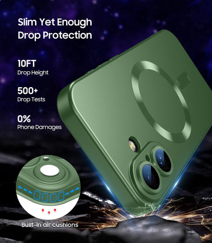 Magnetic for iPhone 16 Case [Compatible with MagSafe][Built-in Camera Lens Protector] Slim Soft Silicone Bumper Shockproof Metallic Luster Phone Case (Green)