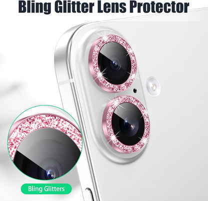 AGVEE 3+3 6 Pack for iPhone 16 6.1" / 16 Plus 6.7" Camera Lens Cover Protector, Bling Diamond & Bling Glitter Metal Ring 9H Tempered HD Glass Camera Cover Protector Film, Bling-Pink