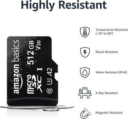 Amazon Basics Micro SDXC Memory Card with Full Size Adapter, A2, U3, Read Speed up to 100 MB/s, 512 GB, Black