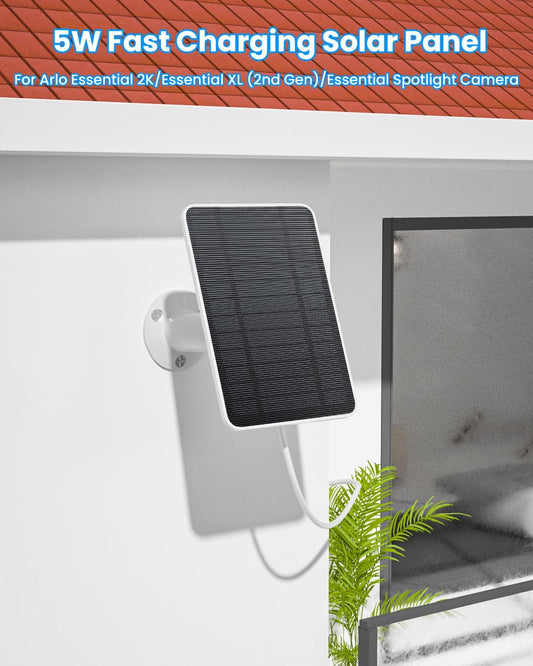 Solar Panel Charger Compatible with Arlo Essential 2K Outdoor(2nd Gen)/Essential XL Camera(2nd Gen)/Essential Spotlight, 5W Solar Panel with IP65 Waterproof 10ft Micro USB-C Cable & Wall Mount, 1 Pack