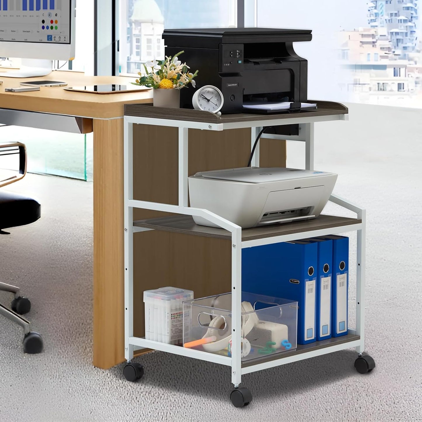 Lauren&Harold 34'' Printer Stand with Power Outlets & USB Ports, 3-Tier Adjustable Rolling Cart, Heavy Duty 150LBS Storage Table with Wheels for Office, Kitchen, Living Room, Grey/White