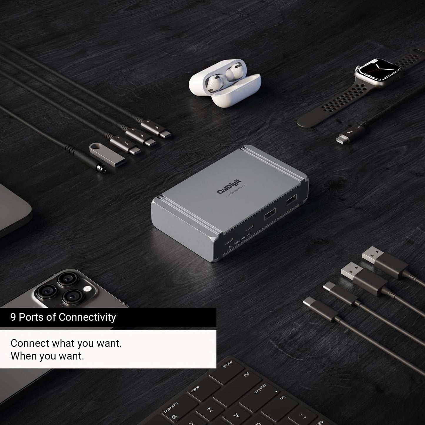 CalDigit E5 - Thunderbolt 5 Element 5 Hub - 9-Port, 4xThunderbolt 5/USB4 v2 Ports, 3xUSB-A & 2xUSB-C 10Gb/s Ports, Single 8K, Dual 6K/8K, or Dual 4K@240Hz Displays, 90W Charging, 0.8m Cable 180W PSU