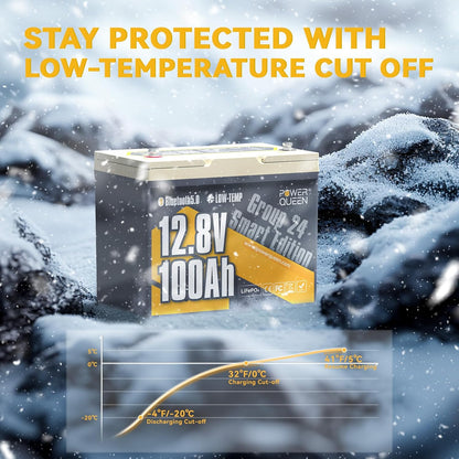 Power Queen Bluetooth 12V 100Ah LiFePO4 Battery, Group 24 Deep Cycle Battery Max. Output Power 1280W, 100A BMS with Low-Temp Cut-off Protection for RV, Trolling Motors, Solar System