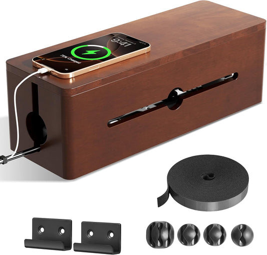 Cinati Large Cable Management Box, 15.8" Wooden Cable Organizer for Floor Wires Storage, Wall Mount Cord Hider Box for Electrical Cord Management, Power Strip Wire Organization for Desktop Home Office