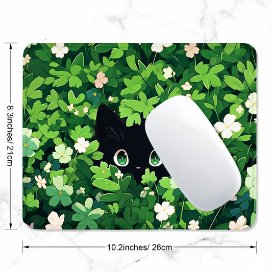 ITNRSIIET Mouse Pad with Stitched Edge Premium Textured Smooth Precise Operation Waterproof Washable Non-Slip Rubber Base Desktop Protection Mat, 10.2×8.3×0.12 inches, Green Leave Cat