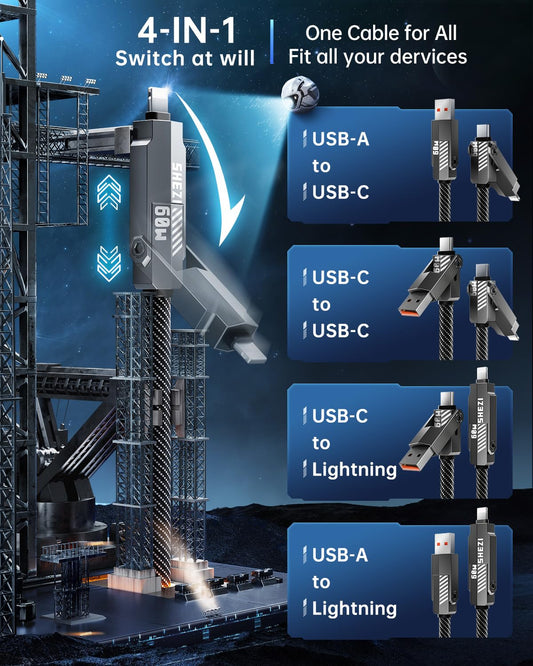 SHEZI Nylon Braided 4 in 1 USB C Cable 60W 10FT Compatible with Lightning Cable, Fast Charging for iPhone/iPad Charger Cord [480Mbps Data Sync],Multi Charging Cable with Type C/USB A, Grey