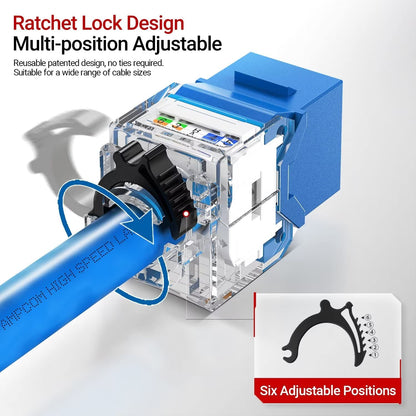 AMPCOM CAT6A UTP RJ45 Keystone Jack 50u Gold Plating Reusable Ethernet Wall Jack with Adjustable Ratchet Lock (No Tool and Zip Tie Required) - Blue (12-Pack)
