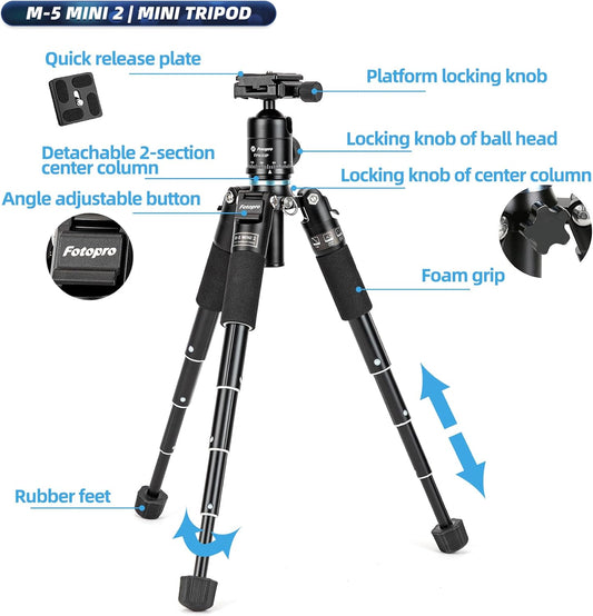 Fotopro Mini Tripod Portable Desktop Aluminum Small Camera Tripod with 360 Ball Head 20 Inch Compact Tabletop Tripod for DSLR Camera Video Camcorder Travel with Carrying Bag Load up to 11lbs/5kg