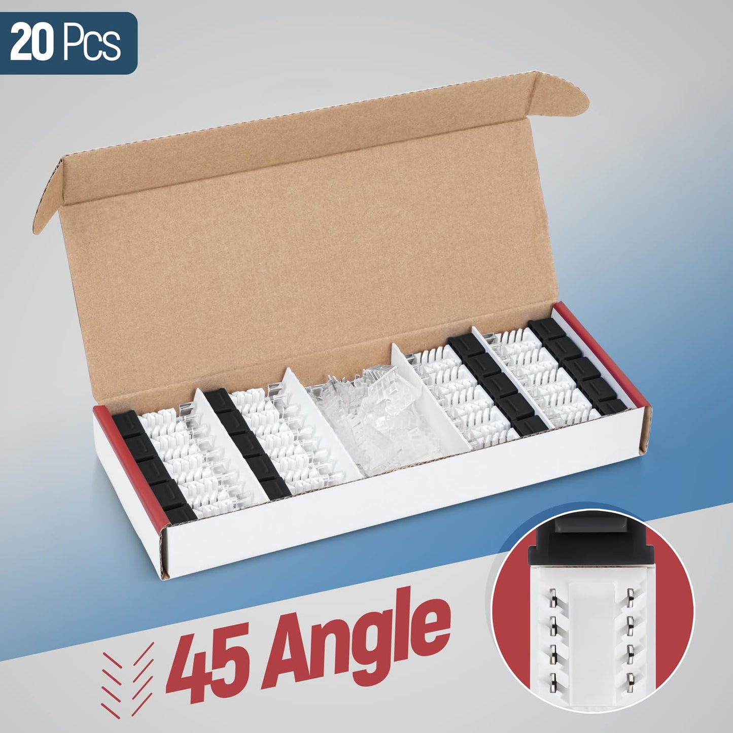 Everest 45° Angled RJ45 Cat6 Keystone Jacks 20-Pack in Black - Slim Profile Female RJ45 Connectors - Cat 6 Keystone Jack - Compatible with 45° Angled Speed Termination Tool - 45Term (B0BL3GS7ZY)