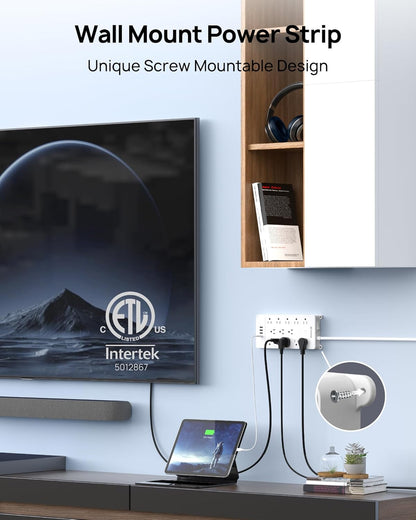 TROND Surge Protector Power Strip 15 ft Cord - Long Extension Cord, 13 Widely-Spaced Outlets Expansion with USB C Ports, 4000 Joules, Flat Plug, Wall Mount, ETL Listed, Office Desk Accessory, White