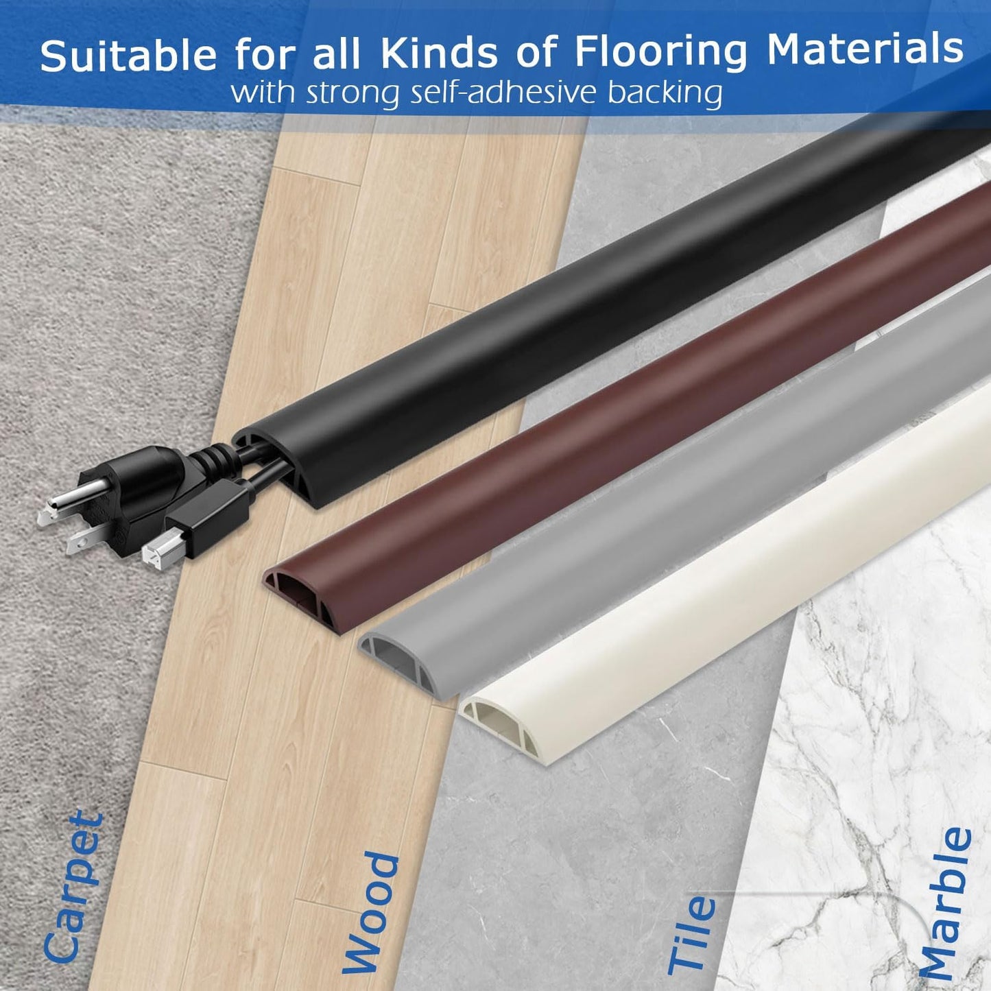 4ft Floor Cord Cover,Cord Hider Floor Black,Extension Cable Cover Power Cord Protector Floor,Floor Cable Management Prevent Cable Trips,Cord Protector Cord Cavity:0.47" (W) x 0.24" (H)