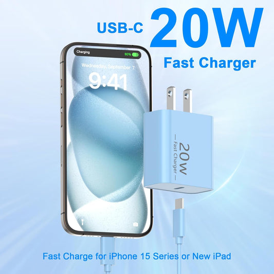 Matsusho iPhone 16 15 Charger Fast Charging 10 FT, 2 Pack 20W USB C Wall Charger with 10FT Type C to C Fast Charging Cable for iPhone 16/16 Plus/16 Pro/16 Pro Max/15/15 Pro/15 Pro Max/15 Plus, Blue