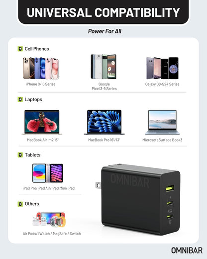 100W USB C Charger,100W Laptop Fast Charger 3-Port GaN Foldable Fast Wall Charger Block,PD3.0 PPS Power Adapter for MacBook Pro/Air,iPad Pro,iPhone 16 Pro,Galaxy S24 Ultra,Steam Deck,Google Pixelbook