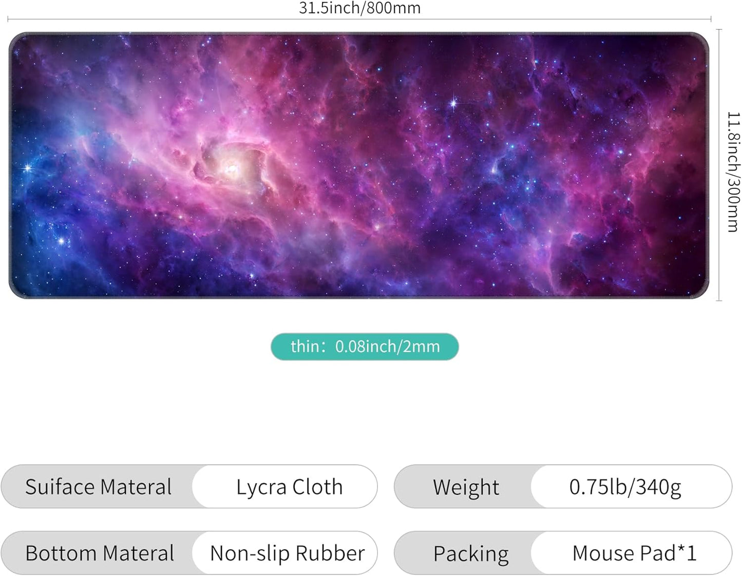 Dynippy Thin Extended Gaming Mouse Pad （31.5 * 11.8 * 0.08 inch） with Stitched Edges Large Mousepad Long XXL Keyboard and Mouse pad Desk Mat for Gaming Office & Home - Galaxy Nebula