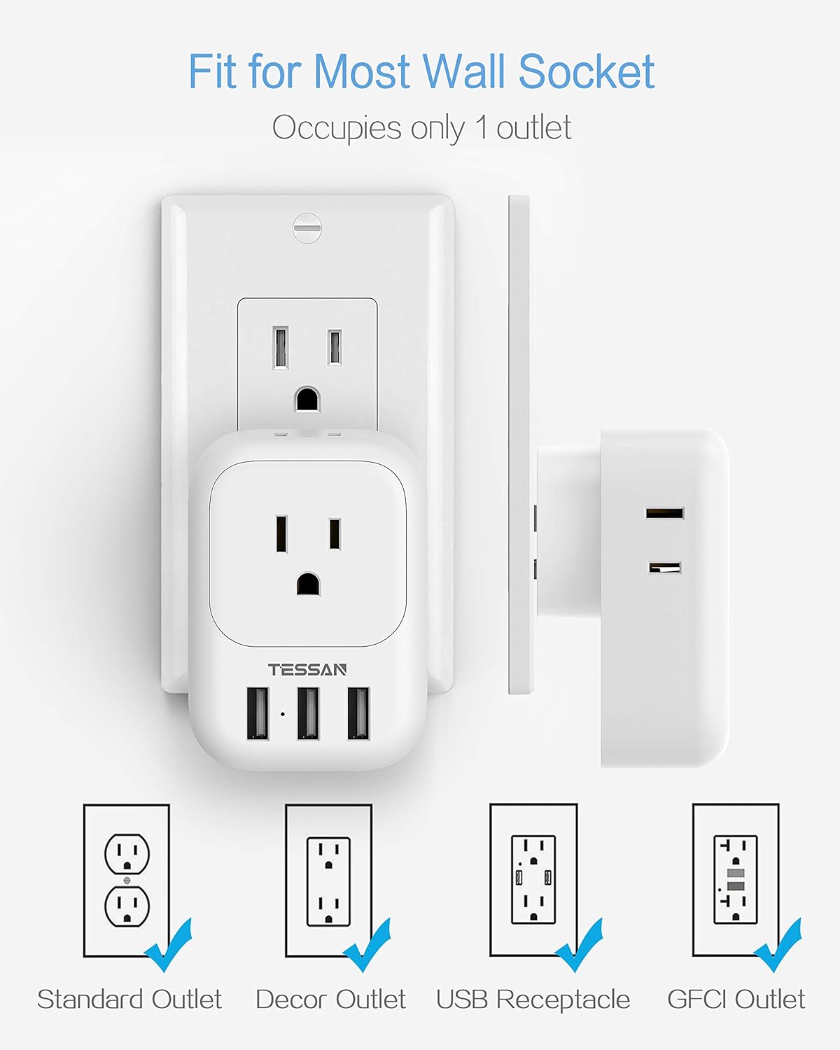 USB Charger Block, TESSAN Wall Plug Adapter with Electrical 4 Box Splitter 3 USB Wall Charger Ports, Multi Plug Outlet Extender Charging for Cruise, Travel, Office, Dorm Essentials, White