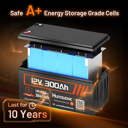 12V 300Ah LiFePO4 Lithium Battery with Bluetooth APP Monitoring, Max. 3840Wh, 15000+ Deep Cycles, 100A BMS, Low-Temp Cutoff – for RV, Solar, Marine, Off-Grid, Home Energy Storage