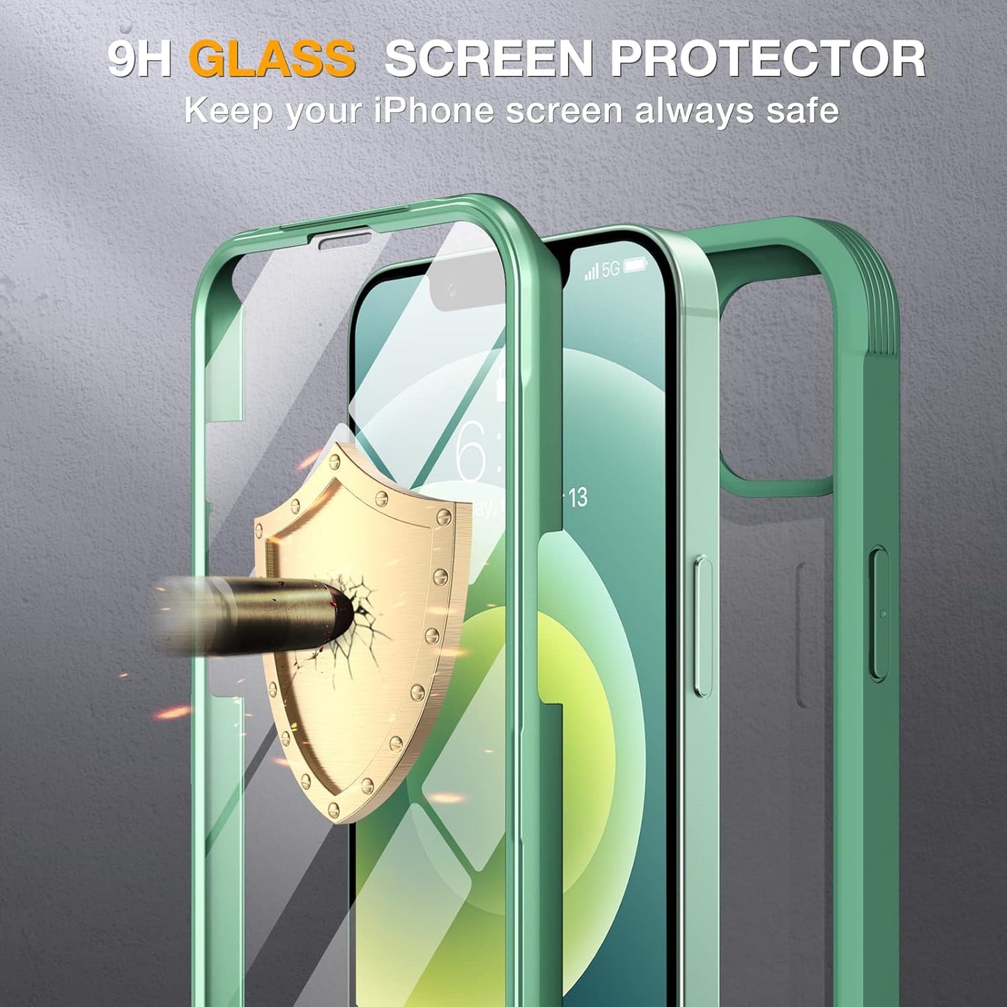 Miracase Glass Series for iPhone 12/12 Pro Case 6.1 inch, Upgraded Full-Body Rugged Phone Bumper Case Cover with Built-in 9H Tempered Glass Screen Protector and Camera Protector, Green