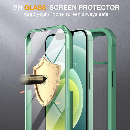 Miracase Glass Series for iPhone 12/12 Pro Case 6.1 inch, Upgraded Full-Body Rugged Phone Bumper Case Cover with Built-in 9H Tempered Glass Screen Protector and Camera Protector, Green