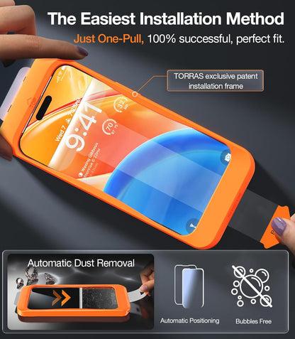 TORRAS Diamond Shield for iPhone 15 Pro Screen Protector [Military-Grade Protection] 9H+ Unbreakable Shatterproof Aerospace Tempered Glass Full Coverage InstaFit Bubble-Free, 2-Pack