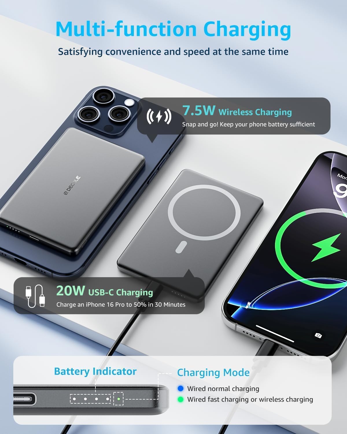 “Air” Power Bank for MagSafe 5000mAh, Ultra Slim Magnetic Wireless Portable Battery Charger Case with USB-C Cable, Compatible with iPhone 17/16/15/14/13/12 Series Only (Grey)