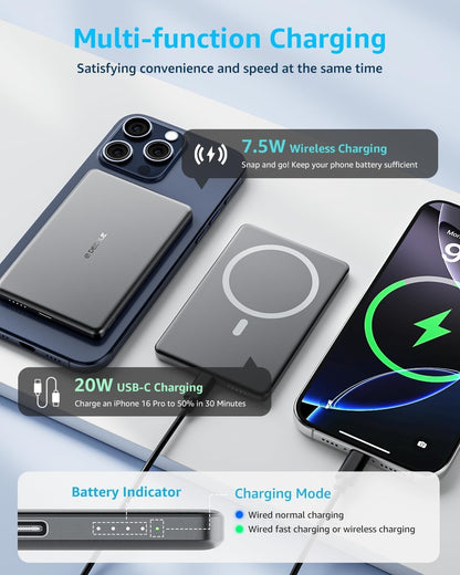 “Air” Power Bank for MagSafe 5000mAh, Ultra Slim Magnetic Wireless Portable Battery Charger Case with USB-C Cable, Compatible with iPhone 17/16/15/14/13/12 Series Only (Grey)