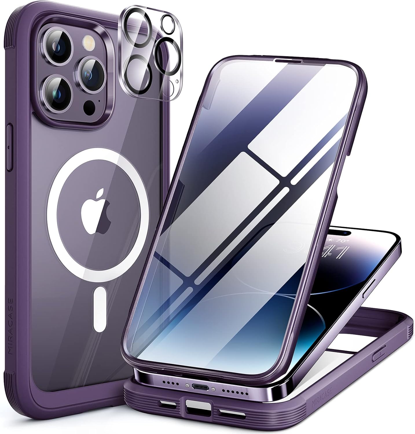 Miracase Magnetic for iPhone 14 Pro Max Case 6.7 inch, (Compatible with MagSafe) Upgrade Full-Body Clear Phone Bumper Case with Built-in 9H Tempered Glass Screen Protector, Magnetic Purple