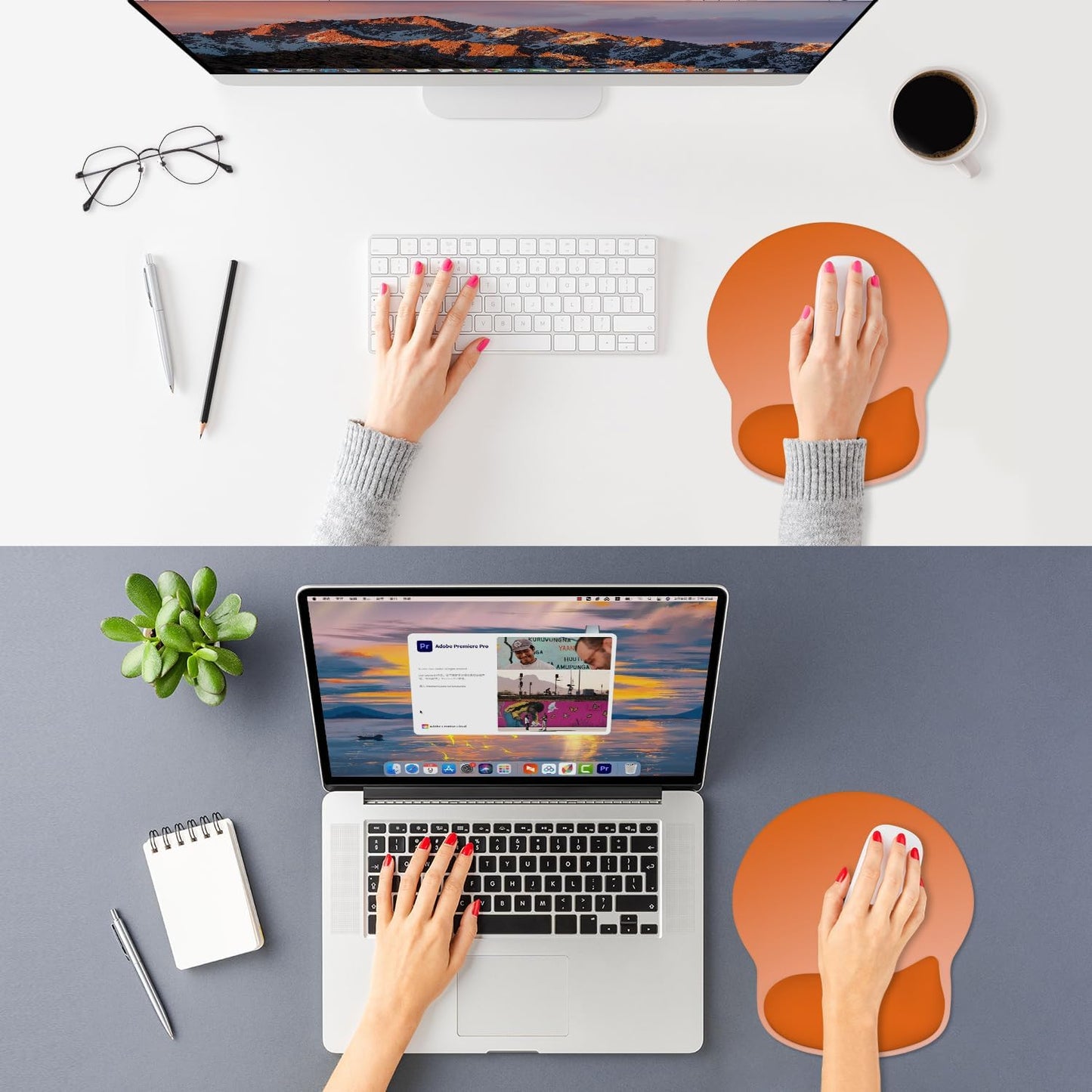 ITNRSIIET Ergonomic Mouse Pad with Wider Memory Foam Wrist Rest +17% - Curved Cushion Reduces Pressure 20%, Pain Relief, Non-Slip, Smooth, Cute Colors, 9.85 x 9 in, Peach Gradient