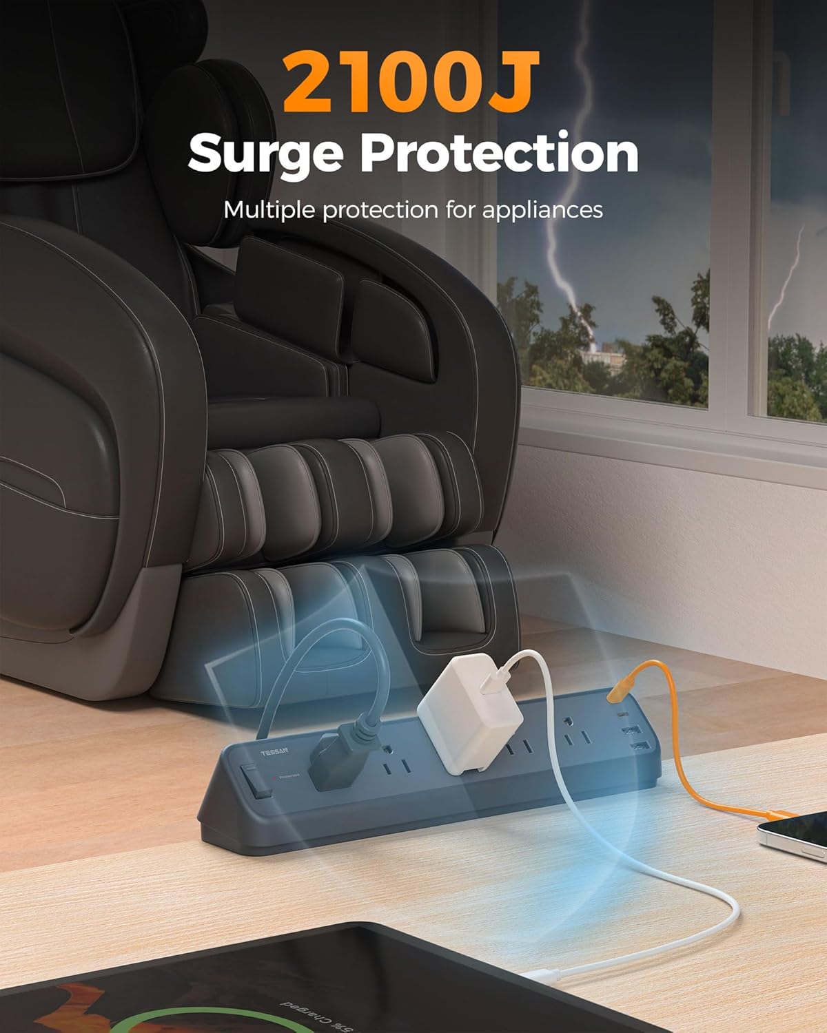 Desk Clamp Power Strip Black, TESSAN 6 Ft Flat Plug Extension Cord with Multiple Outlets, 5 Outlets with 4 USB (2 USB C), 2100J Surge Protector Power Strip, Office Home Dorm Gaming Room Essentials