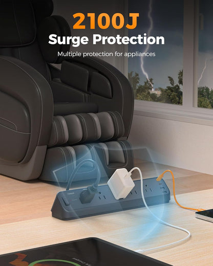 Desk Clamp Power Strip Black, TESSAN 6 Ft Flat Plug Extension Cord with Multiple Outlets, 5 Outlets with 4 USB (2 USB C), 2100J Surge Protector Power Strip, Office Home Dorm Gaming Room Essentials