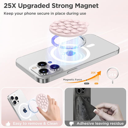 Magnetic Suction Cup Mount for MagSafe Case, Silicone Hands-Free Grip Holder for iPhone and Android, Mirror Shower Phone Stand for Makeup FaceTime Gym Kitchen Bathroom, Lovely Pink