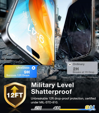 UltraGlass Unbreak TOP 9H+ Glass for iPhone 14 Pro Screen Protector [12FT Military Grade Shatterproof & Longest Durable] Screen Protector 14 Pro Tempered Glass, Anti-fingerprint, 2 Packs