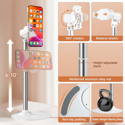 Adjustable Phone Stand for Desk with Clip Mount Live Streaming: 360° Rotatable Overhead Shot Holder with Sturdy Metal Base, Compatible with TikTok, YouTube, Zoom Video Recording (White)