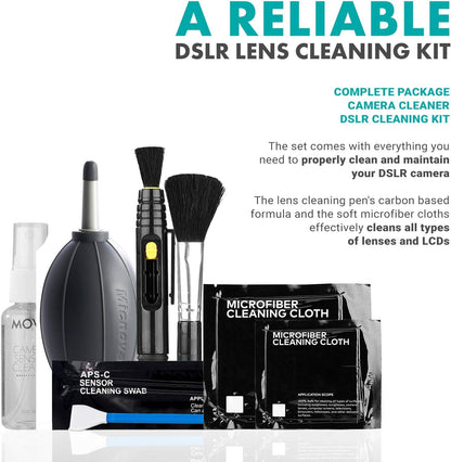 Movo Deluxe Essentials DSLR Camera Cleaning Kit with 10 APS-C Cleaning Swabs, Sensor Cleaning Fluid, Rocket Air Blower, Lens Pen, Soft Brush, 2X Small and 2X Large Microfiber Cloths and Carrying Case