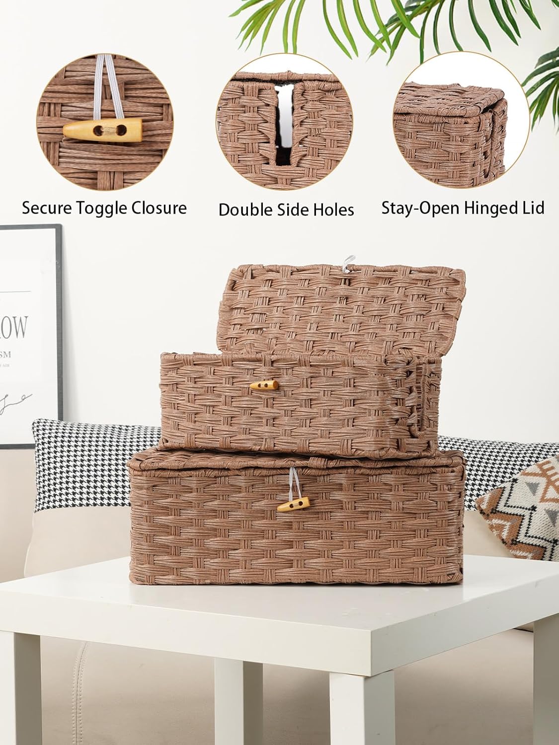 Temary Cable Management Box with Lids, 2-Pack Handmade Cable Organizer Boxes for Home, Office to Hide Cords and Power Strip, Cord Cover Floor Hider Set Woven Rattan Cable Organizer Box (Brown)