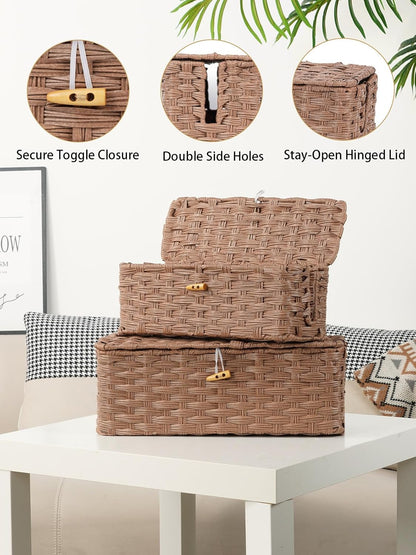 Temary Cable Management Box with Lids, 2-Pack Handmade Cable Organizer Boxes for Home, Office to Hide Cords and Power Strip, Cord Cover Floor Hider Set Woven Rattan Cable Organizer Box (Brown)